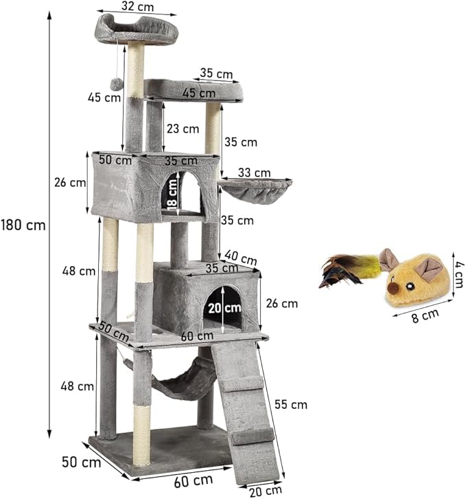 Cat Tree for Large Cats with Toy - Cat House with Padded Perch - Cozy Cat Condos & Scratching Posts - Premium Quality Multi-level Cat Tower for Indoor Cats & Kittens (Grey)