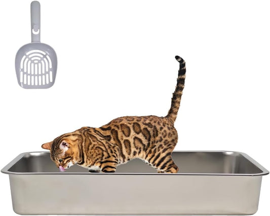 Stainless steel cat litter box with Carrying handle, Smooth edges, and Litter scoop, Rust & Stain resistant cat toilet for Large cats, Ideal for indoor/outdoor use, Easy to clean