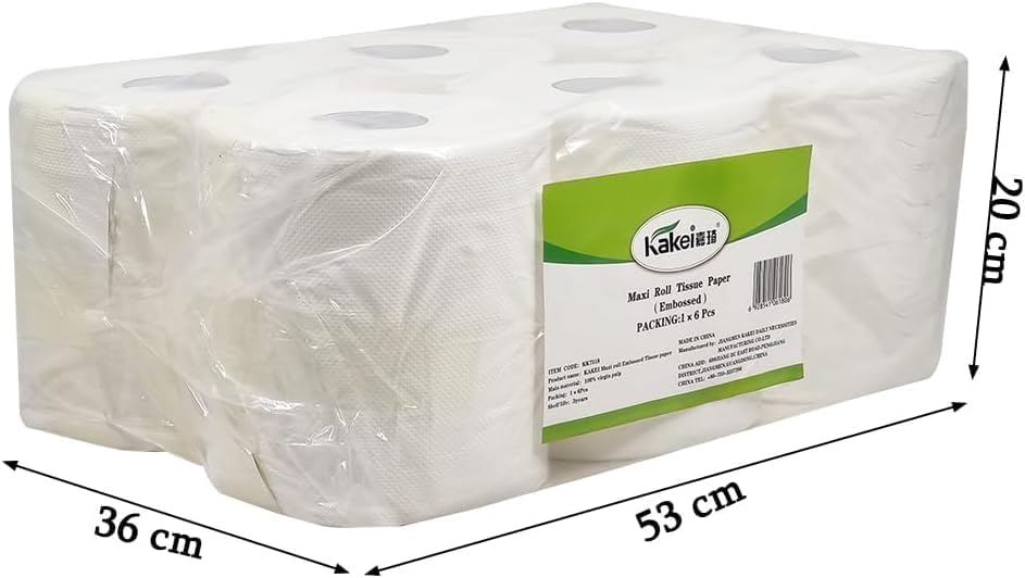 Tissue paper with Virgin pulp and Embossed design, Multi-purpose cleaning wipes, Suitable for Home, Restaurant, Travel, and Hotel bathroom, Dust-free toilet paper, 1 Pack of 6 Rolls 53 cm (White)