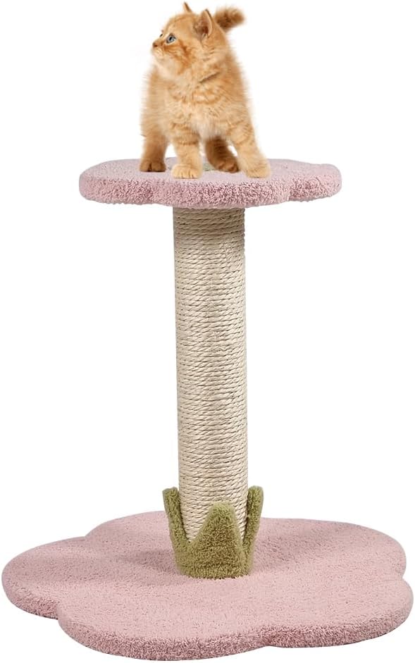 Cat tree scratcher for small cats & kittens, Cat tree activity center with Flower design perch, Natural sisal scratching post, and Sturdy wooden base, Ideal for indoor use, Easy assembly 36 cm (Pink)