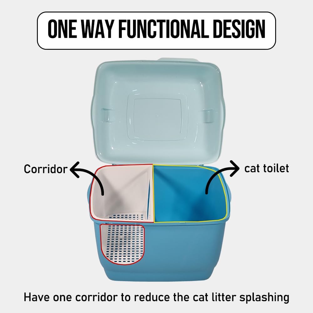 Fully-enclosed cat litter box with Corridor entry & exit, Transparent door, Litter scoop, and Open-top design, Splash-proof cat toilet for Indoor cats & kittens, Easy to clean 57 cm