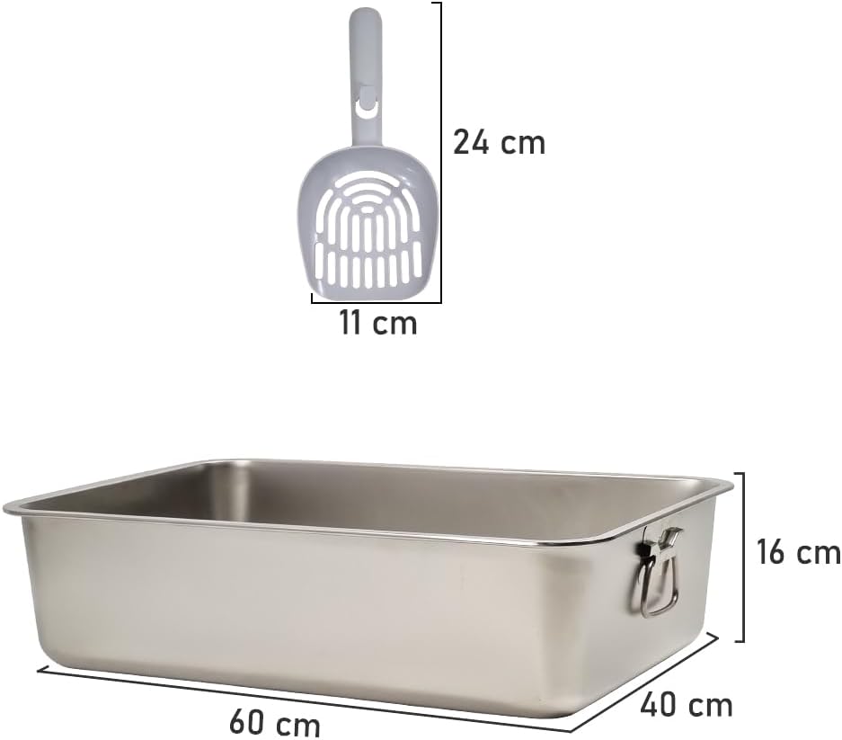 Stainless steel cat litter box with Carrying handle, Smooth edges, and Litter scoop, Rust & Stain resistant cat toilet for Large cats, Ideal for indoor/outdoor use, Easy to clean