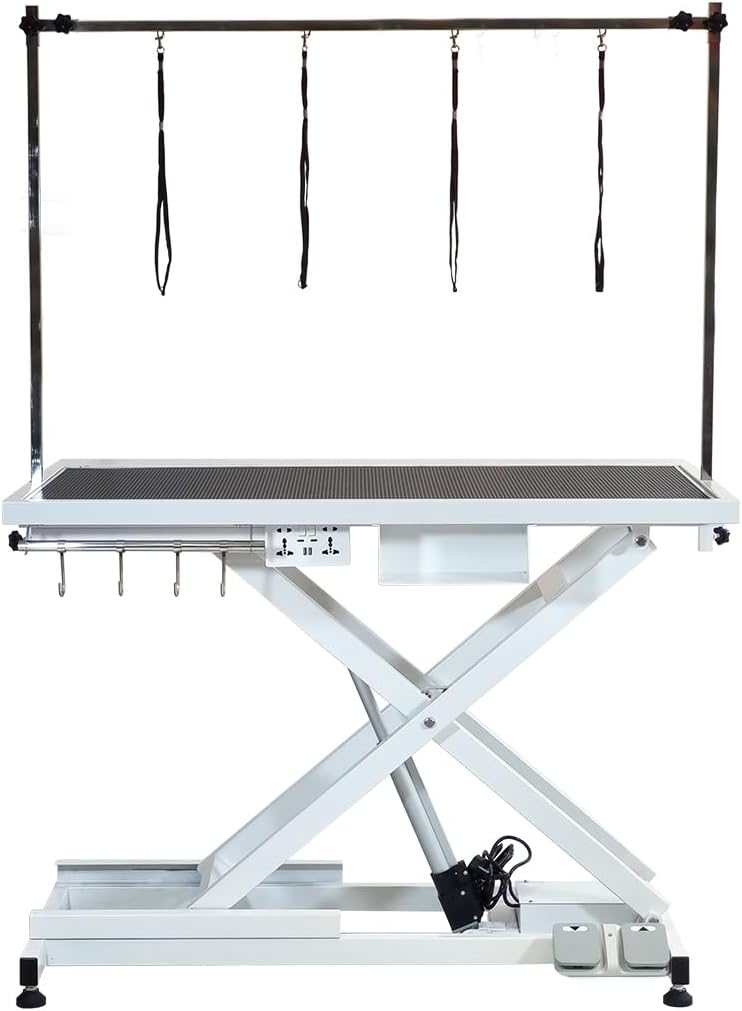 Electric Pet Grooming Table with Foot pedal, Power outlets & USB, Tool Hook and Storage, 191 cm Dog grooming station with Electric motor, Non-slip & Replaceable surface, Height adjustable (White)