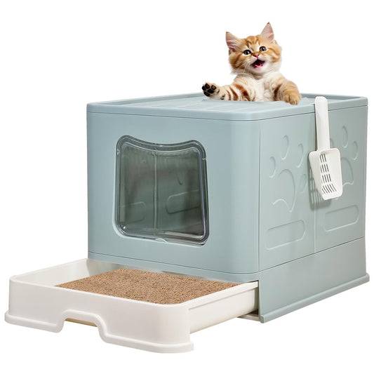Foldable enclosed cat litter box with Top & Front entry, Transparent door, Sand filter pedal, Litter scoop, and Drawer type, Splash-proof design cat toilet for Indoor cats, Easy to clean 60 cm (Green)