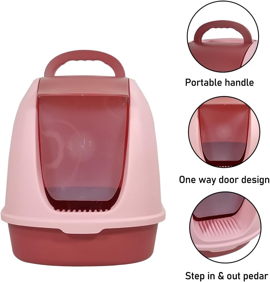 Fully-enclosed cat litter box with Portable handel, Flip cover entrance, Litter scoop, and Detachable design, Durable plastic cat toilet, Ideal for indoor/outdoor use, Easy to clean 38 cm