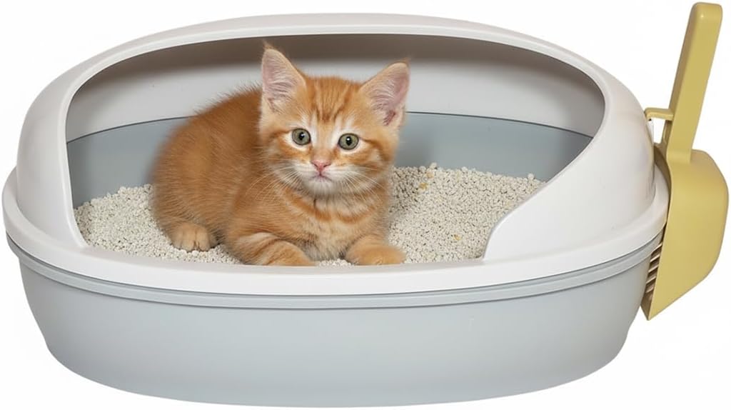 Semi open cat litter box with Durable plastic material, Splash guard, Stable base and Air ventilation design, Pet waste tray with Scoop, high fence, Indoor-outdoor use, and Detachable