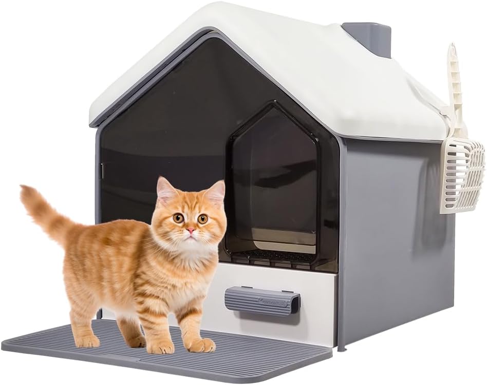 Cat Litter Box with House-Shaped Design - Drawer-Type, Transparent Door, Enclosed Cat Litter Scoop & Cleaning Mat – Splash-Proof & Odor-Control Cat Toilet Box, Easy to Clean