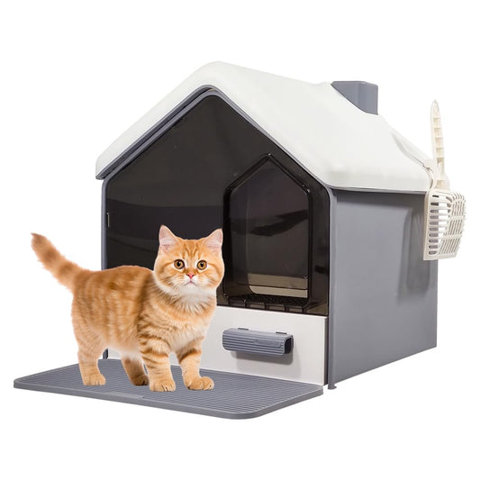 House-shaped cat litter box with Transparent Door, Drawer-Type, Mat, and Litter scoop, Durable plastic construction cat toilet for Indoor/Outdoor use, Easy to clean, 50 cm (Grey)