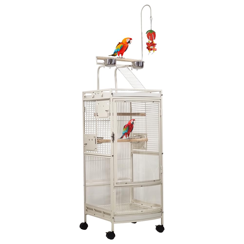 Bird cage for Parrots and Parakeets, Heavy-duty steel bird cage with Acrylic door, Play-top area, Wooden perches, food bowls, Slide-out tray, and Universal wheels, Easy to assemble, 182 cm (White)
