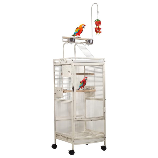 Bird cage for Parrots and Parakeets, Heavy-duty steel bird cage with Acrylic door, Play-top area, Wooden perches, food bowls, Slide-out tray, and Universal wheels, Easy to assemble, 182 cm (White)