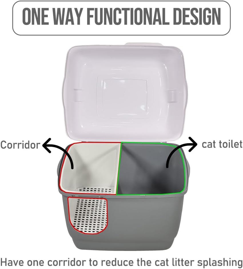 Fully-enclosed cat litter box with Corridor entry & exit, Transparent door, Litter scoop, and Open-top design, Splash-proof cat toilet for Indoor cats & kittens, Easy to clean 57 cm