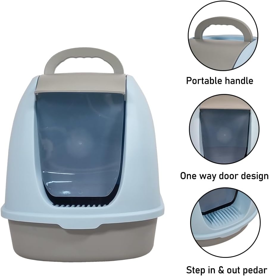 Fully-enclosed cat litter box with Portable handel, Flip cover entrance, Litter scoop, and Detachable design, Durable plastic cat toilet, Ideal for indoor/outdoor use, Easy to clean 38 cm