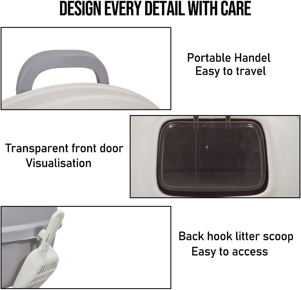Cat Litter Box with Durable PVC Material | Fully-Enclosed Portable Handle, Transparent Door, Litter Scoop and Non-Slip Design | Splash-Proof Cat Toilet for Indoor Cats