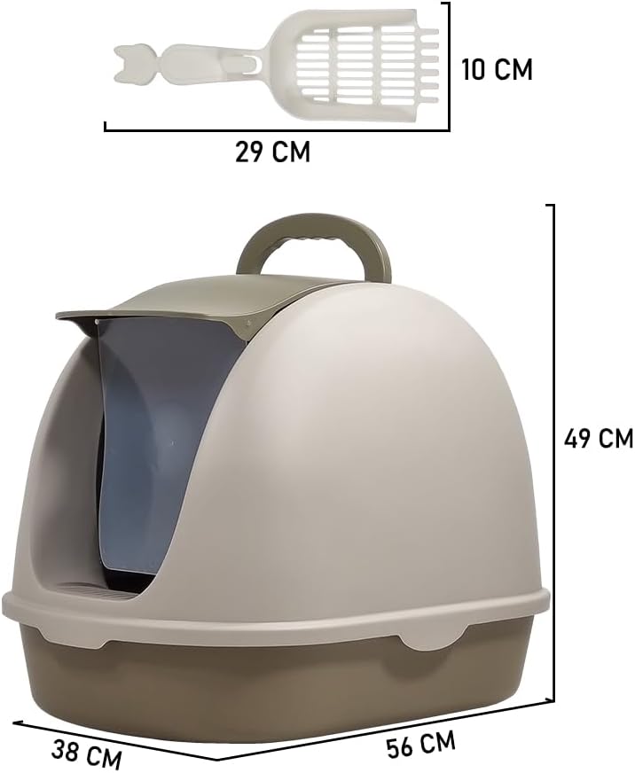 Fully-enclosed cat litter box with Portable handel, Flip cover entrance, Litter scoop, and Detachable design, Durable plastic cat toilet, Ideal for indoor/outdoor use, Easy to clean 38 cm