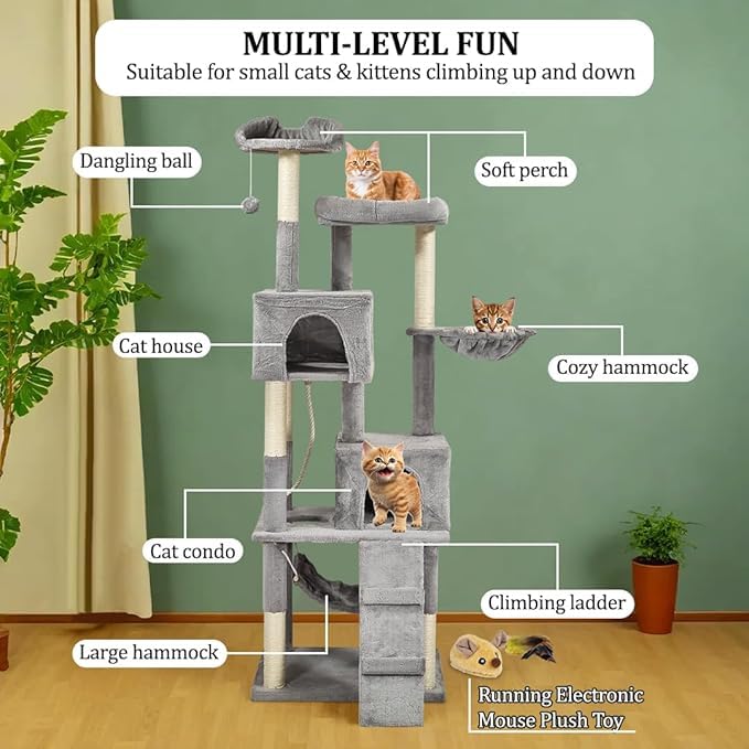 Cat Tree for Large Cats with Toy - Cat House with Padded Perch - Cozy Cat Condos & Scratching Posts - Premium Quality Multi-level Cat Tower for Indoor Cats & Kittens (Grey)