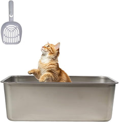 Stainless steel cat litter box with Carrying handle, Smooth edges, and Litter scoop, Rust & Stain resistant cat toilet for Large cats, Ideal for indoor/outdoor use, Easy to clean