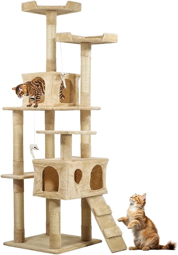 Multi-level cat tree tower with Double perches, Sisal scratching post, Spacious cat condos, and Climbing ladder, Durable cat tree tower for indoor cats, Interactive cat playhouse 170 cm (Beige)