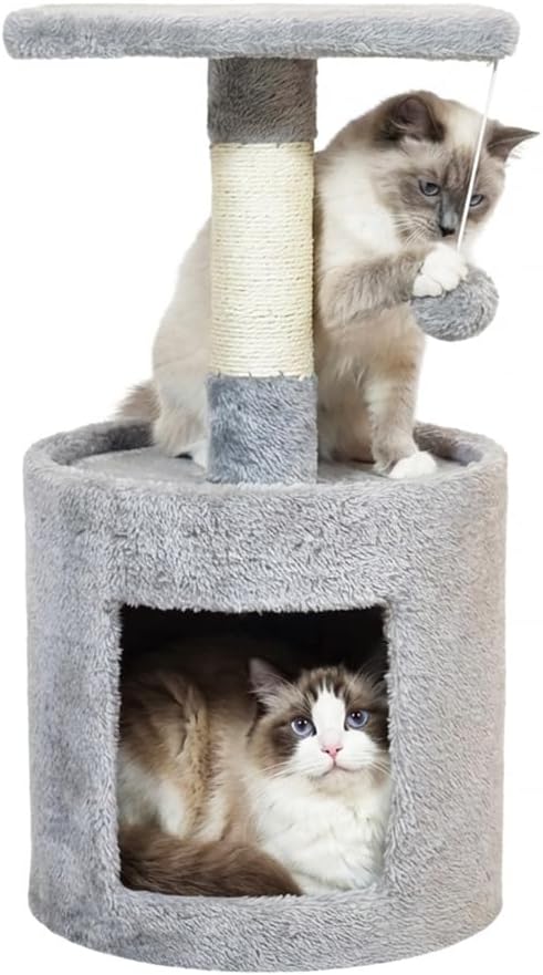 Modern cat tower with Hideaway cave and Hanging ball, Space saving design, Easy to fix and Portable, 59 cm Cat activity tree with Scratching pole, Protect furniture for Indoor cats and kittens