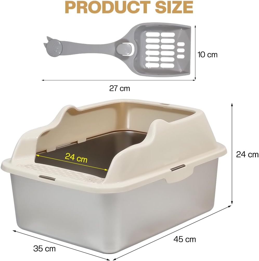 Stainless steel cat litter box with Scoop, Anti-splash design, Grid design, Non-stick, and Odor resistant, Open top kitty toilet for Indoor cats & kittens, Easy to clean