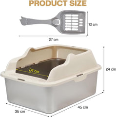 Stainless steel cat litter box with Scoop, Anti-splash design, Grid design, Non-stick, and Odor resistant, Open top kitty toilet for Indoor cats & kittens, Easy to clean