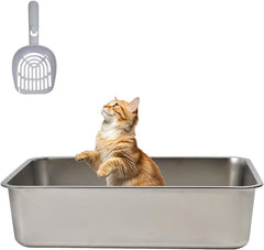 Stainless steel cat litter box with Carrying handle, Smooth edges, and Litter scoop, Rust & Stain resistant cat toilet for Large cats, Ideal for indoor/outdoor use, Easy to clean