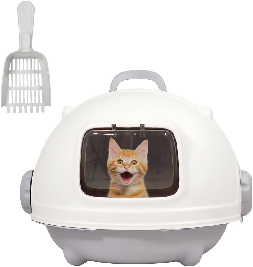 Cat Litter Box with Durable PVC Material | Fully-Enclosed Portable Handle, Transparent Door, Litter Scoop and Non-Slip Design | Splash-Proof Cat Toilet for Indoor Cats