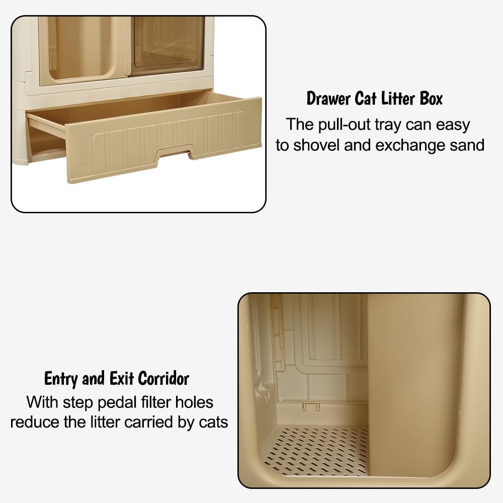 Cat cabinet, Durable 3-layer cat combination litter box with Storage area, Sleeping area, Cat toilet, and Rolling wheels, Durable plastic cat litter box, Ideal for indoor/outdoor use 115 cm