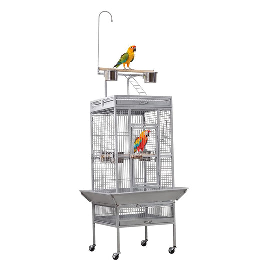Bird cage with Play-top area, Wooden perches, Stainless steel food cups, Slide-out tray, and Universal wheels, Sturdy wrought iron bird cage for Large birds, Ideal for Indoor/Outdoor, 202 cm (Grey)