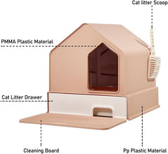 Cat Litter Box with House-Shaped Design - Drawer-Type, Transparent Door, Enclosed Cat Litter Scoop & Cleaning Mat – Splash-Proof & Odor-Control Cat Toilet Box, Easy to Clean