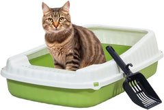 Semi-enclosed Cat litter box for Large-sized cats, Odor control plastic cat toilet with Litter scoop, Grid design, Lightweight, and Raised fence, Detachable for easy cleaning, 59 cm