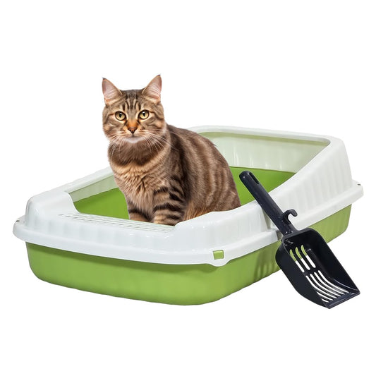 Semi-enclosed cat litter box with Litter scoop, High sides, Grid design, and detachable design, Durable lightweight cat toilet, Suitable for Indoor/Outdoor use, Easy to clean, 59 cm (Green)