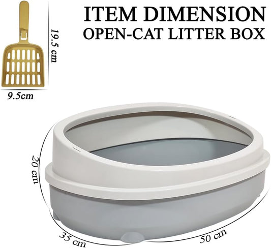 Cat litter tray with Deep basin box, Splash-proof, and Semi-enclosed toilet for Kittens to Adult cats, 50 cm Durable plastic tray with Scoop, Detachable design, easy to clean and Stable base (Grey