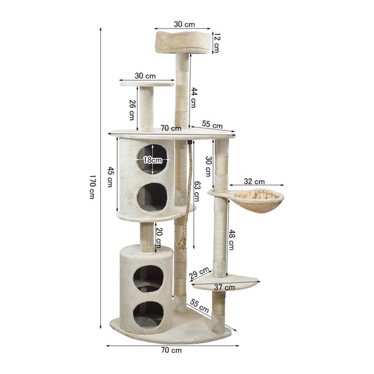 Tall Cat Tree Tower with Large Top Perch - Dangling Ball, Cozy Hammocks, Cat Scratching Posts and Durable Cat Condo - 195 cm Cat Activity Center for Climbing & Playing (Beige)