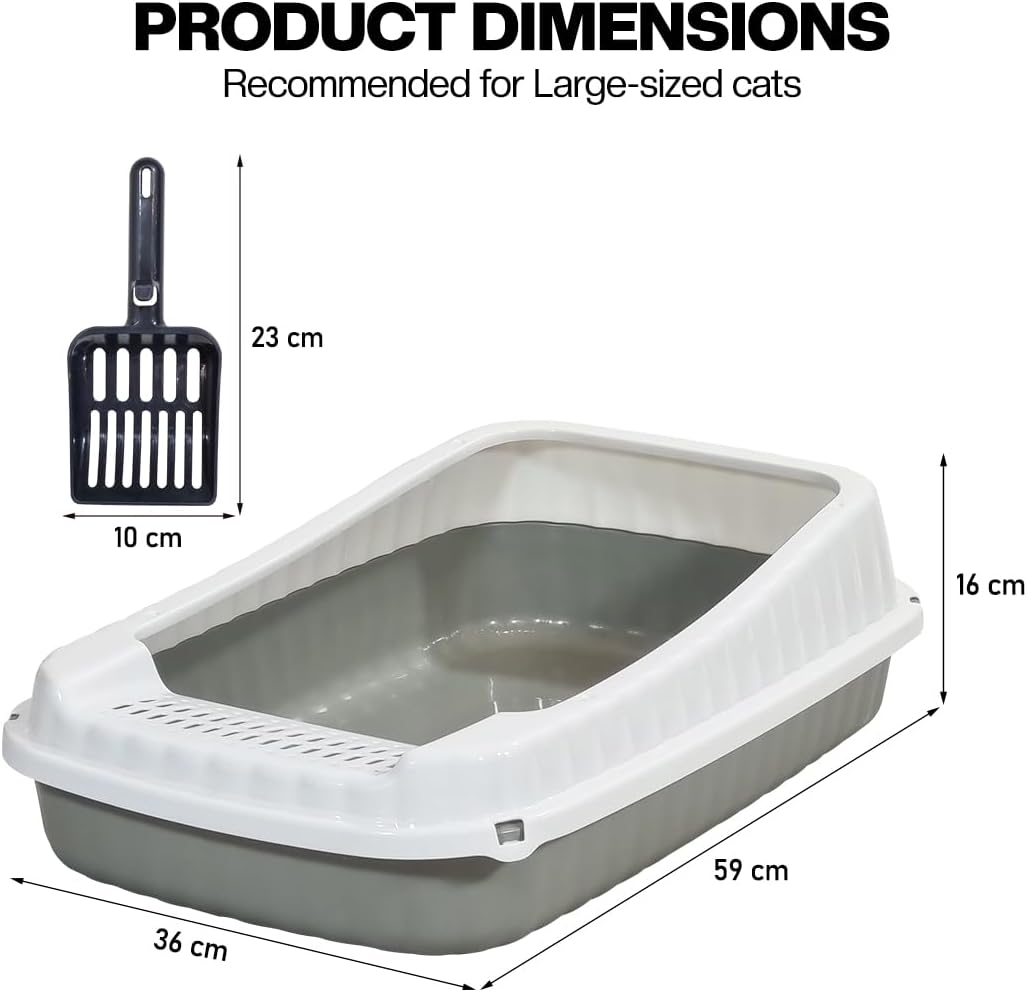 Semi-enclosed Cat litter box for Large-sized cats, Odor control plastic cat toilet with Litter scoop, Grid design, Lightweight, and Raised fence, Detachable for easy cleaning, 59 cm