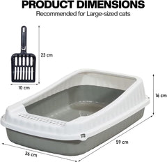 Semi-enclosed Cat litter box for Large-sized cats, Odor control plastic cat toilet with Litter scoop, Grid design, Lightweight, and Raised fence, Detachable for easy cleaning, 59 cm
