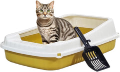 Semi-enclosed Cat litter box for Large-sized cats, Odor control plastic cat toilet with Litter scoop, Grid design, Lightweight, and Raised fence, Detachable for easy cleaning, 59 cm