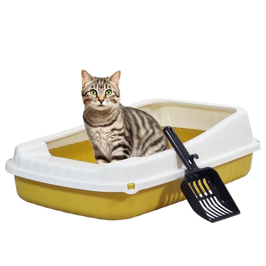 Semi-enclosed cat litter box with Litter scoop, High sides, Grid design, and detachable design, Durable lightweight cat toilet, Suitable for Indoor/Outdoor use, Easy to clean, 59 cm (Yellow)