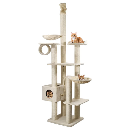 Tall cat tree climbing frame for Indoor cats, Floor-to-Ceiling cat tree tower with Adjustable Height, Scratching post, Curved perch, Cozy hammock, Tunnel, and Spacious cat condo, 250 cm (Beige)