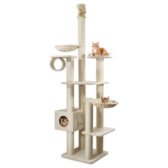 Tall cat tree climbing frame for Indoor cats, Floor-to-Ceiling cat tree tower with Adjustable Height, Scratching post, Curved perch, Cozy hammock, Tunnel, and Spacious cat condo, 250 cm (Beige)