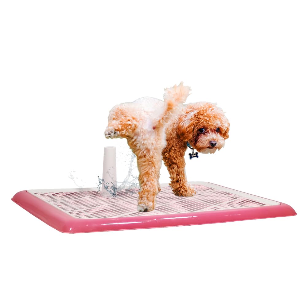 Dog training pads pet toilet for All-sized breeds, Durable plastic construction with Grid pattern, Detachable Pee Post, and Non-slip bottom, keeps paws dry & floor clean, 65 cm (Pink)