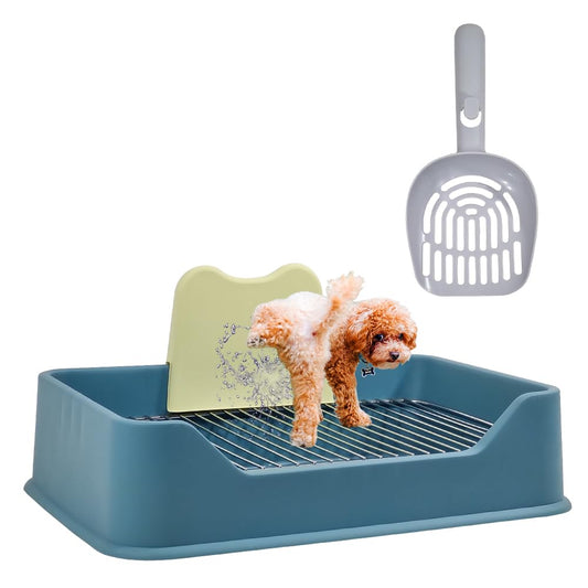 Dog toilet for small to medium breeds, Durable plastic dog potty trainer with Wall guard, Removable stainless steel grid, Litter scoop, and Anti-slip pads, Easy to clean, 52 cm (Blue)