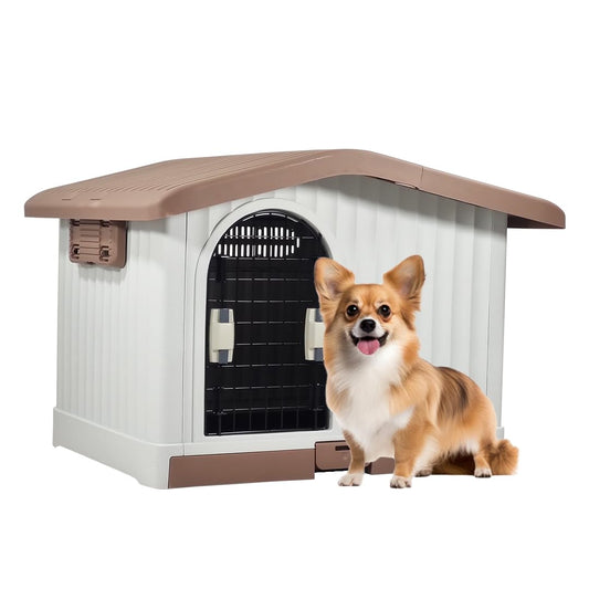Plastic dog house with Liftable Roof, Ventilation holes, Lockable door, and Slide-out door, Weather-resistant Indoor/Outdoor pet shelter for small to medium breeds, Easy to assemble 88 cm (Chocolate)