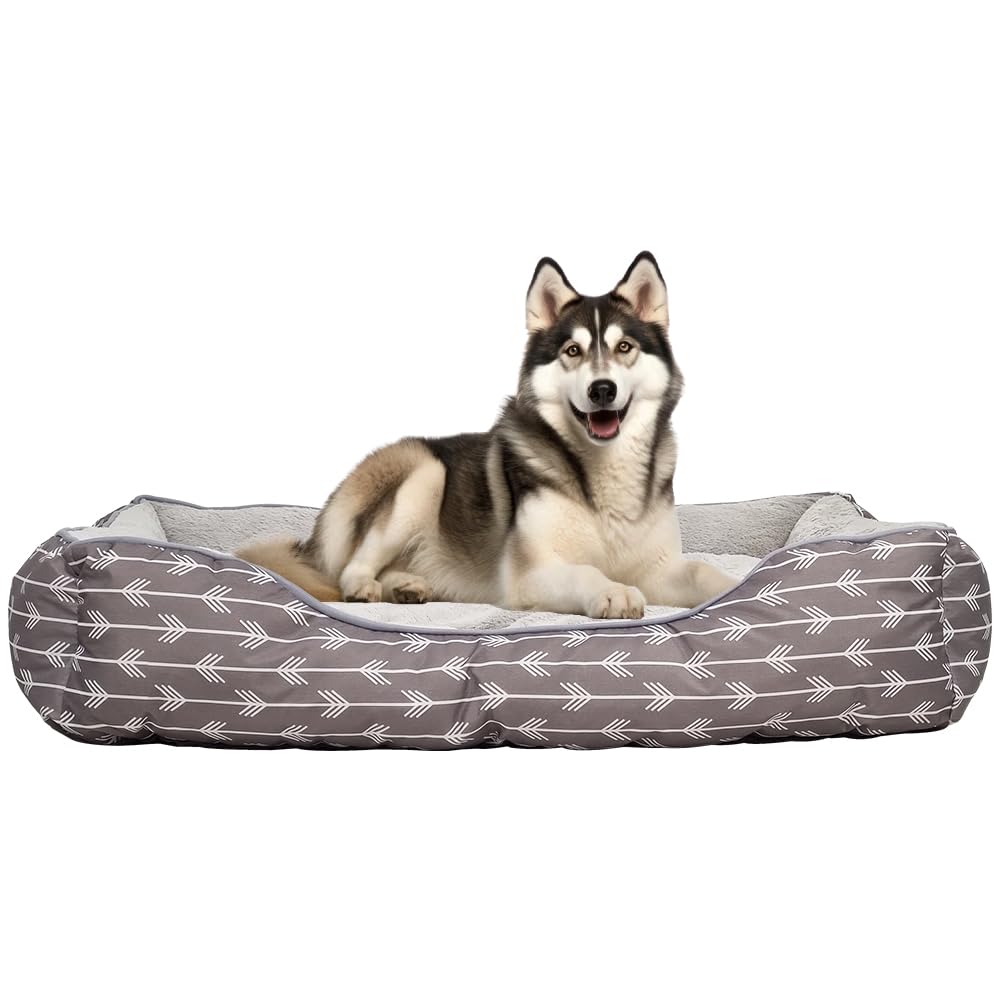 Cozy dog bed for medium to large breeds, Calming rectangle sleeping bed with Soft plush fabric, Removable cushion, and Non-slip bottom, Machine washable, 90 cm (Grey)