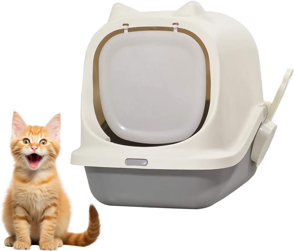Fully-enclosed cat litter box with Durable plastic, Carrying handle, Sand filter holes, and Litter scoop, Splash-proof cat toilet for Indoor cats & kittens, Easy to clean 45 cm