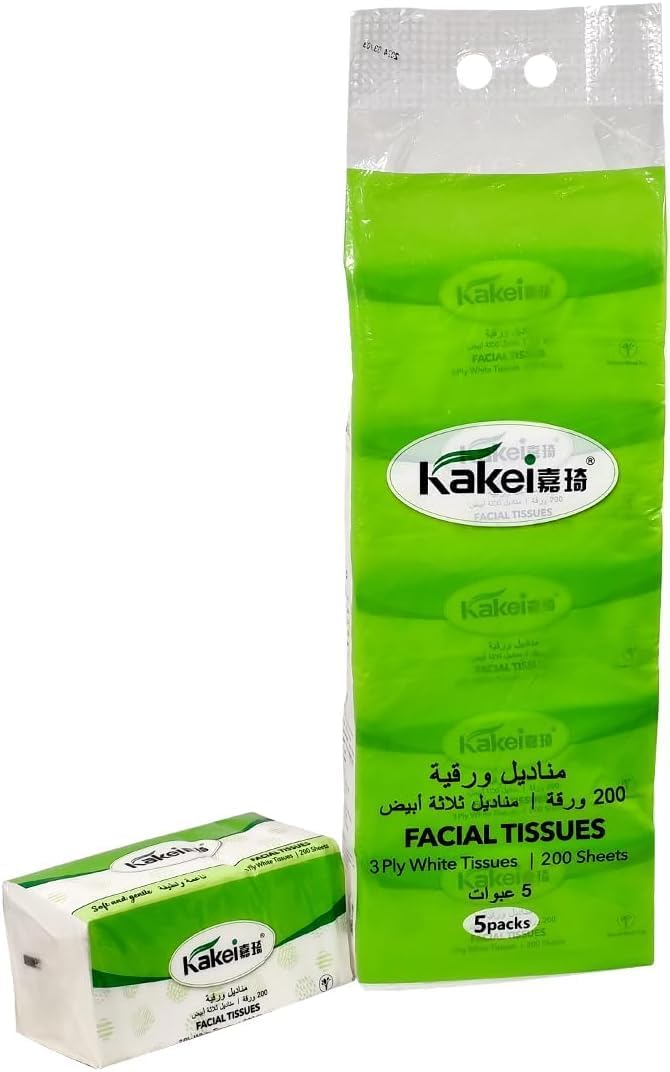 5Pcs Tissue paper with 3ply, Natural wood pulp, and Eco-friendly material, Durable absorbent facial tissue for Home, Travel, Restaurant, and Office, Soft & strong for Wet/Dry use, 200 sheets (White)