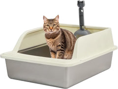 Semi-enclosed stainless steel cat litter box with a Litter scoop, Grid design, and High wall side cover, Durable litter box for Indoor cats, Detachable design for easy cleaning, 50 cm