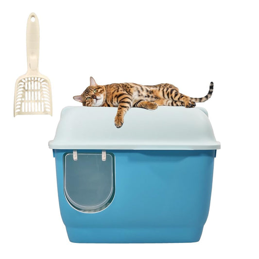 Enclosed cat litter box with Long corridor style cat litter box, Transparent door, Litter scoop, and Detachable design, Splash-proof cat toilet for Indoor/Outdoor use, 57 cm (Blue)