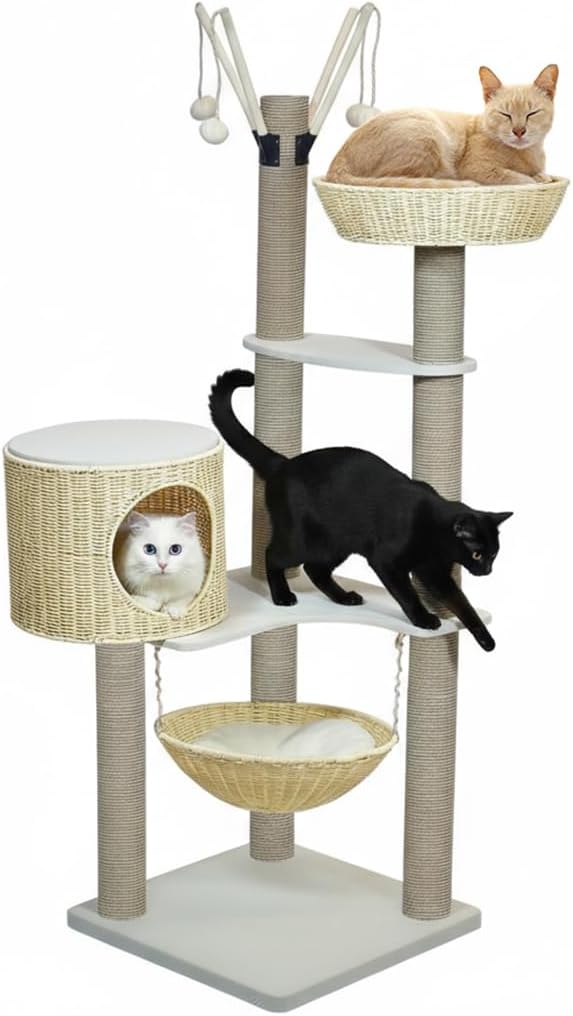 Cat tree with woven baskets, Scratching posts, Swing Hammock & Dangling balls, 148 cm Multi-level cat furniture for all cats, Large cat tower with Soft cushion, Large platforms & Condo (Beige)