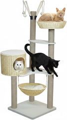 Cat tree with woven baskets, Scratching posts, Swing Hammock & Dangling balls, 148 cm Multi-level cat furniture for all cats, Large cat tower with Soft cushion, Large platforms & Condo (Beige)
