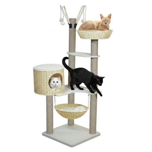 Modern cat tree with Stable base, Durable and Wooden frame, 148 cm Multi-level cat tower for Indoor and all size of cats, Cat Furniture with Perches, Basket bed, Scratching posts, and Hammock, (Beige)